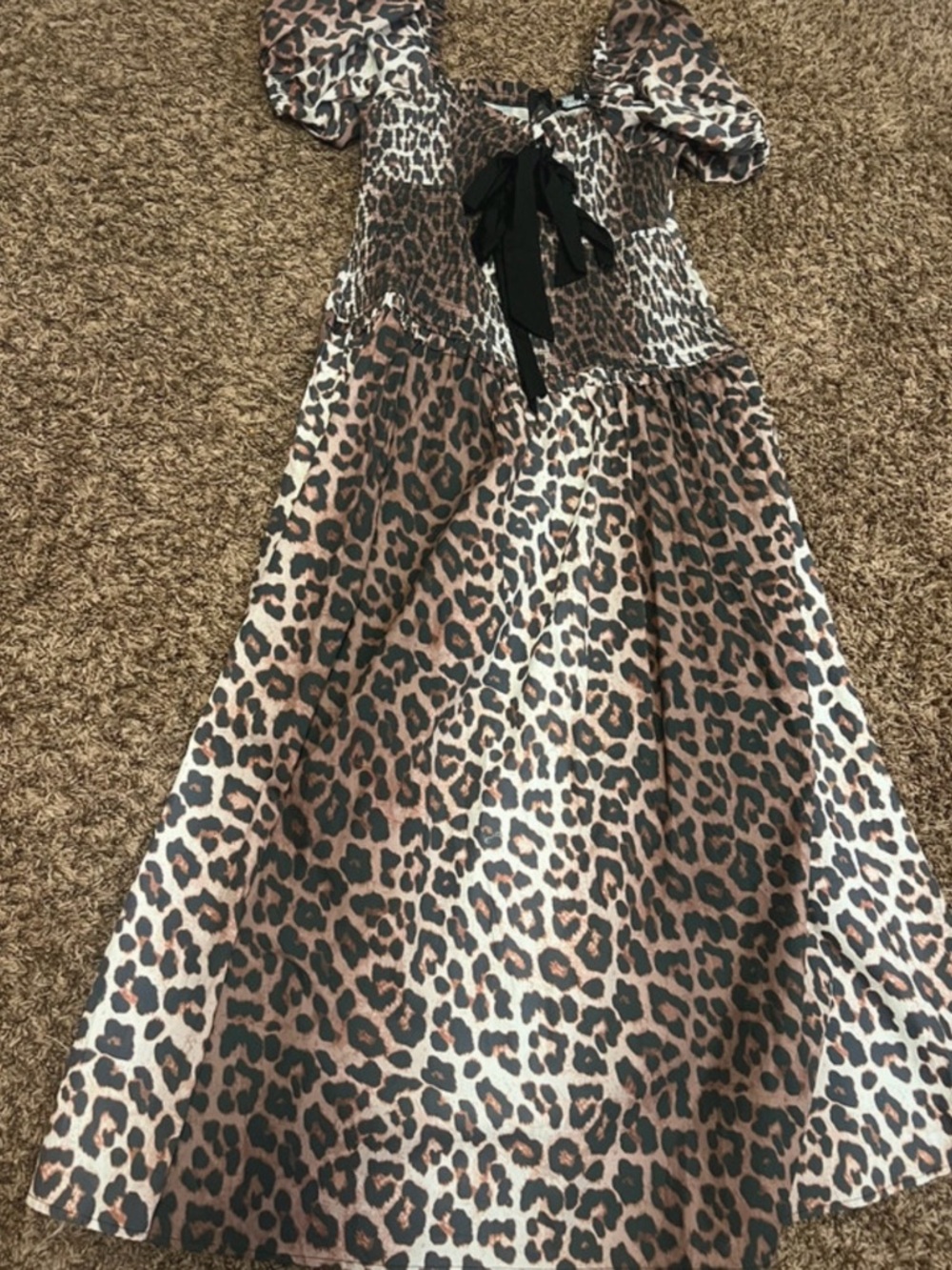 Leopard Print Puff Sleeve Midi Dress with Black Tie